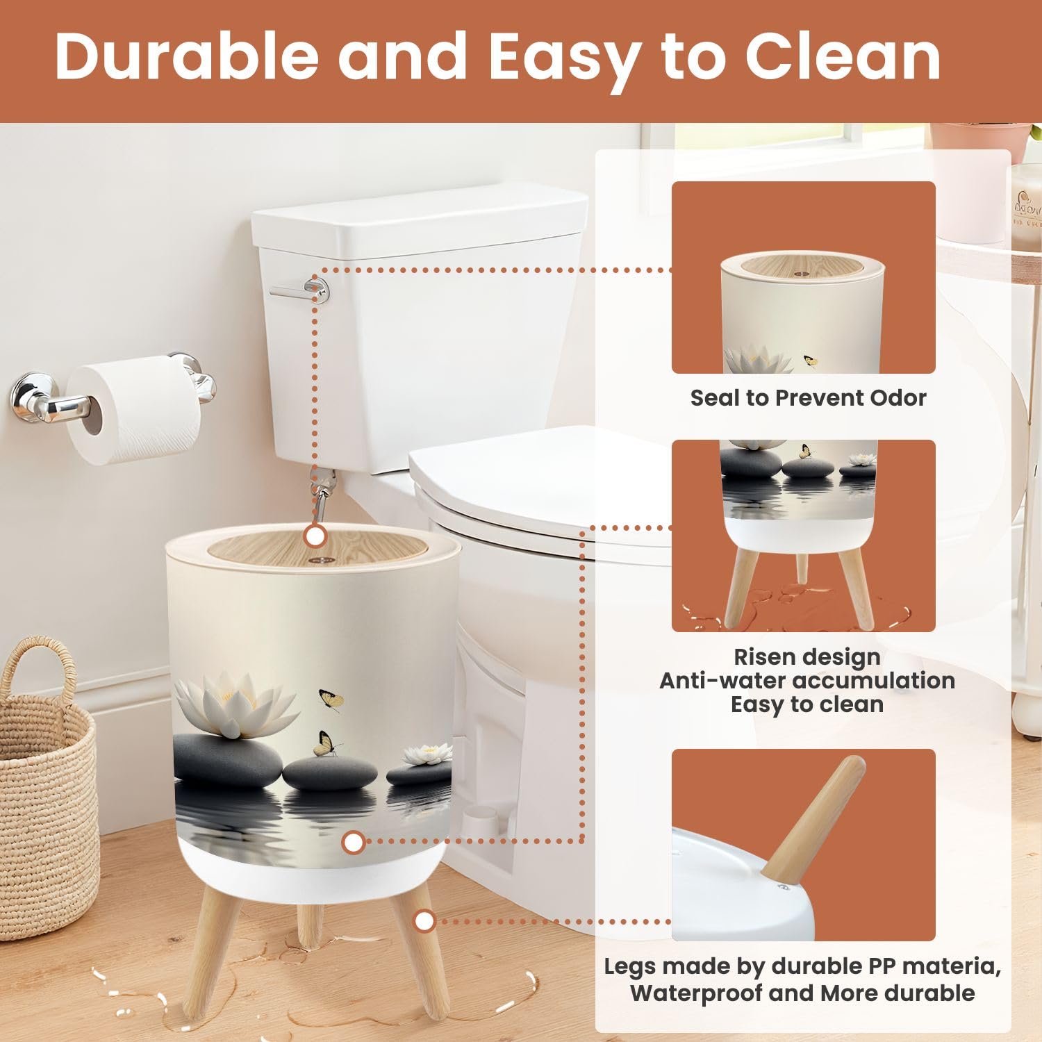 Small Trash Can with Lid Zen White Lotus White Flower Yellow Butterfly Lake Spiritual 1.8 Gallon Dog Proof Trash Can Round Garbage Can Waste Bin Wastebasket for Bathroom Bedroom Yoga Studio