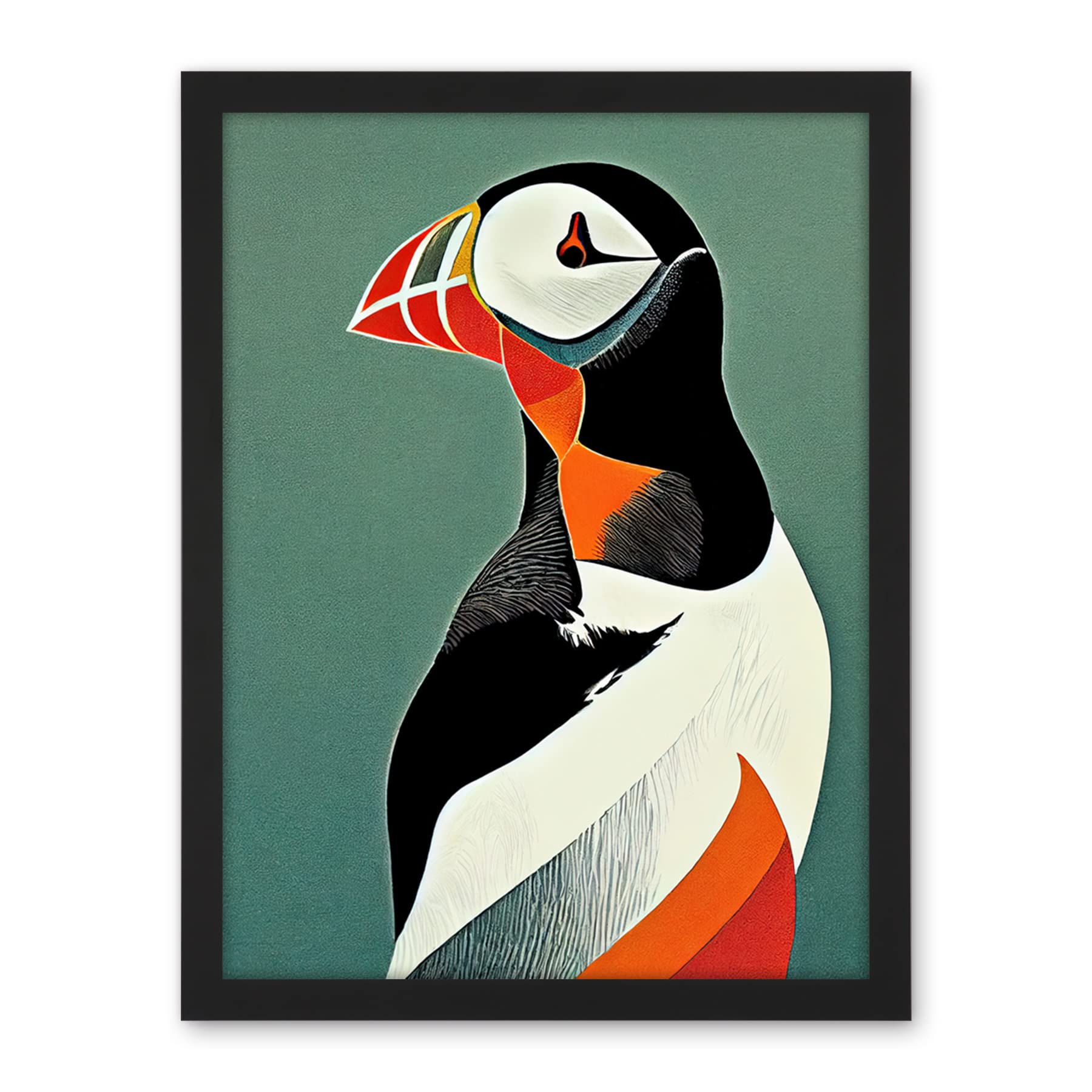 Wee Blue Coo Bright Bold Colourful Atlantic Puffin Bird Portrait Artwork Framed Wall Art Print 18X24 Inch