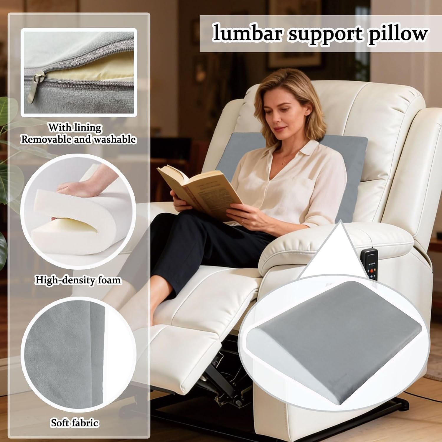 Lumbar Support Pillow for Recliner, Ergonomic Backrest for Elderly Pain Relief Great for Chair, Reading in Bed, Sofa Back Support with Washable Cover (Grey)