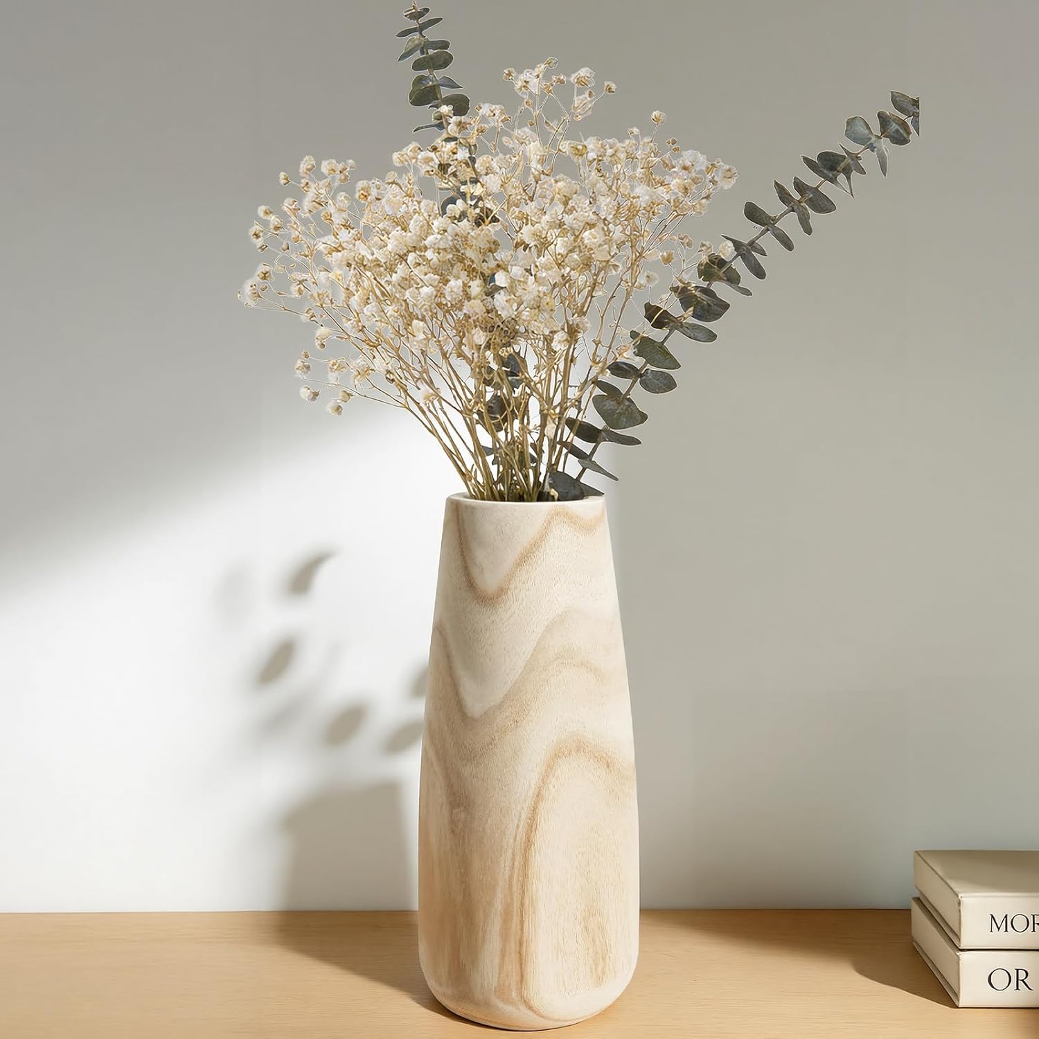 Natural Wood Vase for Home Decor- 12 Inch Decorative Wooden Vase for Dried Flowers, Warm Neutral Farmhouse Boho Decor for Living Room Bedroom Table Shelf