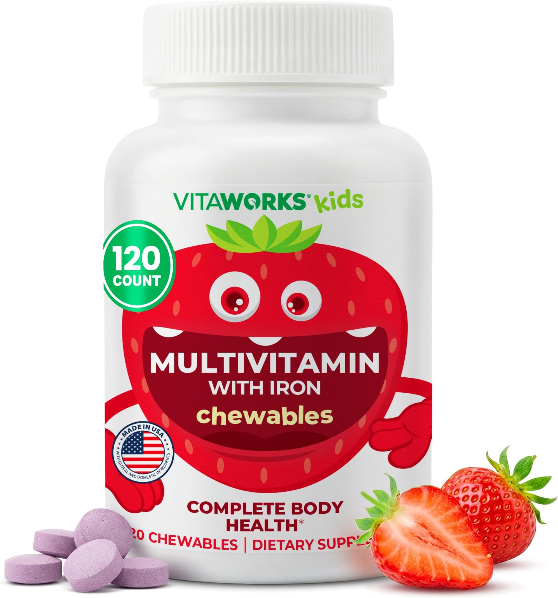 Kids Multivitamin with Iron & Minerals Chewable Tablets - Mixed Fruit Flavor - Vegetarian, GMO-Free, Nut Free - Dietary Supplement - Digestive Support for Children - 120 Chewables",