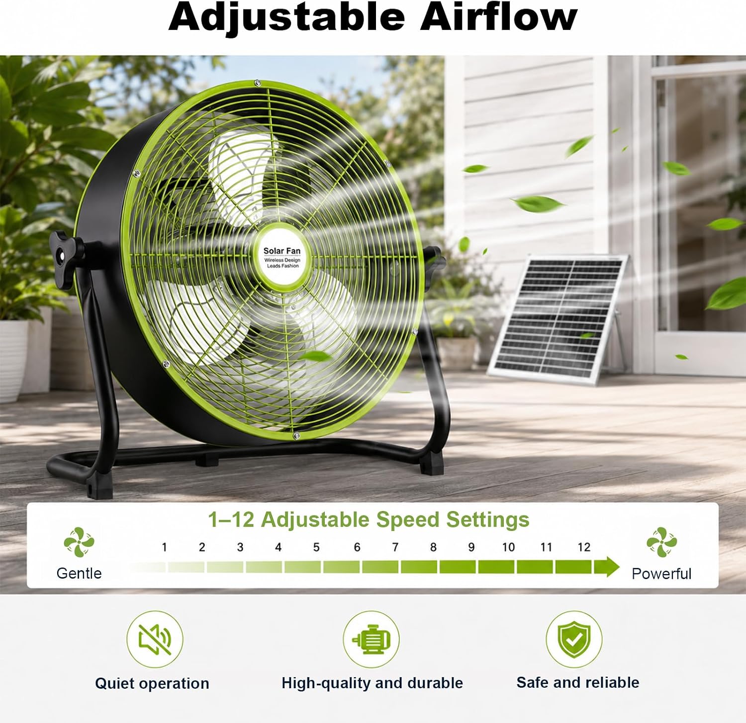 12" Solar Powered Fan, Rechargeable Portable Floor Fan with 12 Speeds, 20W Solar Panel & AC Charging, 360° Tilt for Outdoor Camping, Garage, Chicken Coop（Green）