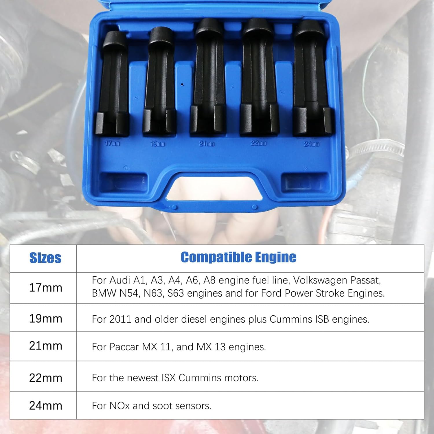 Diesel Fuel Line Socket Set - Tesmirror 5 Pc 17mm 19mm 21mm 22mm 24mm Flare Nut Socket Set 3/8" Drive Diesel Injector Fuel Line Power Stroke Engines
