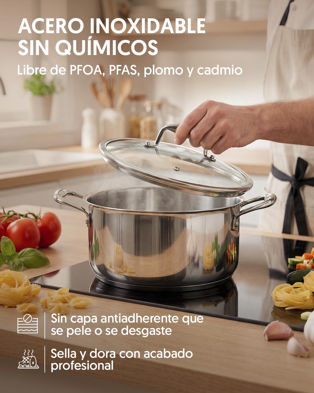 La Moustache - Batería de Cocina de Acero Inoxidable 8 Piezas con Tapas de Vidrio (Ø16/20/24 cm) - Juego de Ollas y Sartenes para Inducción, Sin Recubrimientos, Apta Lavavajillas (Titan Inox) - 3