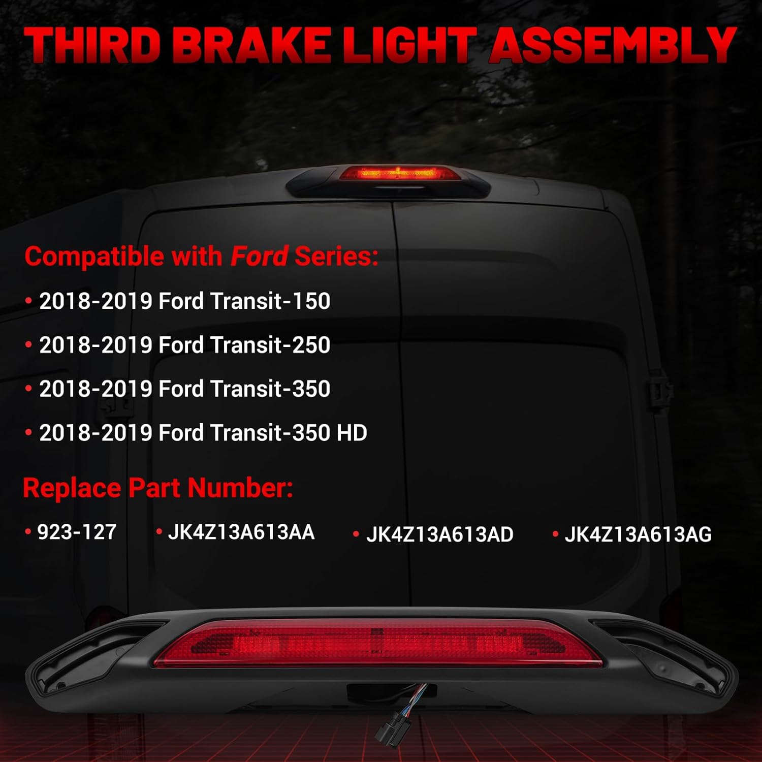 923-127 led third brake light 3rd brake light assembly compatible with ford transit 150 250 350 350hd 2018-2019, high mount stop light stop light lamp replace# jk4z13a613aa jk4z13a613ad jk4z13a613ag