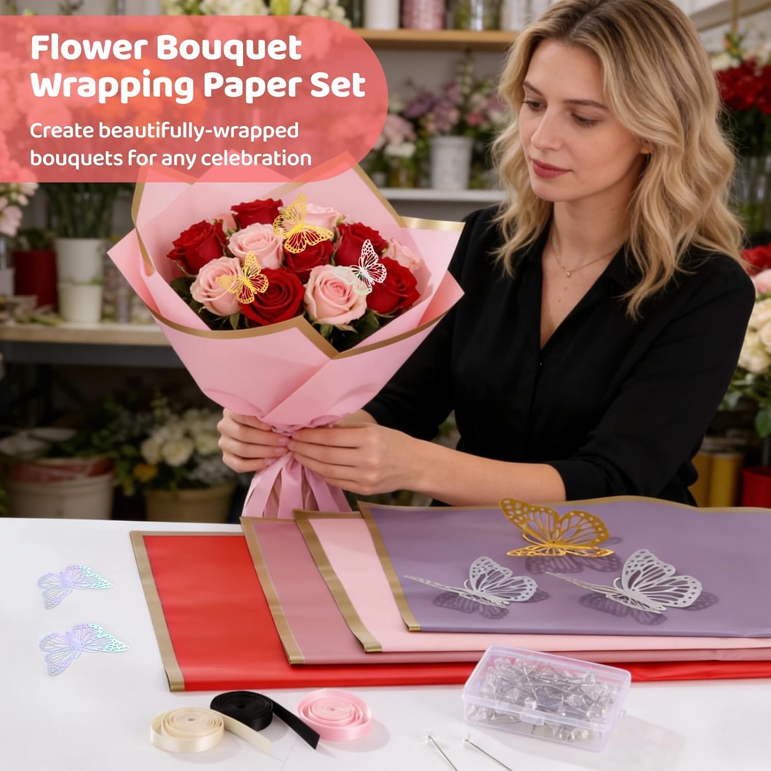 187 Pcs Flower Bouquet Wrapping Paper Set, 40 pcs 22.8×22.8 in Flower Papers, 24 Butterflies, 3 Ribbon Rolls, 100 Floral Pins, Heart Greeting Cards, Florist Supplies for DIY Wedding & Party Decoration