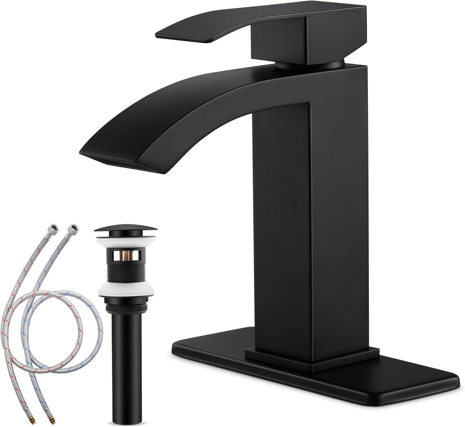 Bathroom Sink Faucet, Herogo Matte Black Waterfall Stainless Steel Sink Faucet with Deck Plate & Pop-up Drain, Single Handle, for 1 or 3 Hole RV Bathroom Vanity Lavatory
