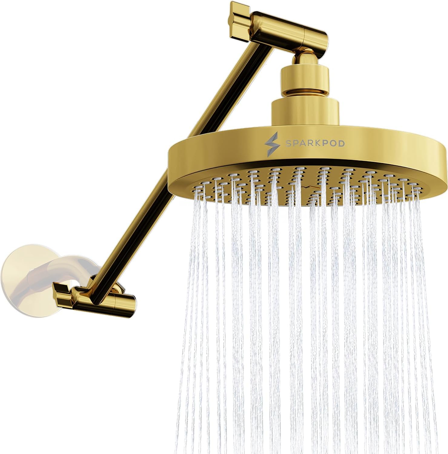 SparkPodRain Shower Head and SparkPod Shower Arm Extension - Both in Gold