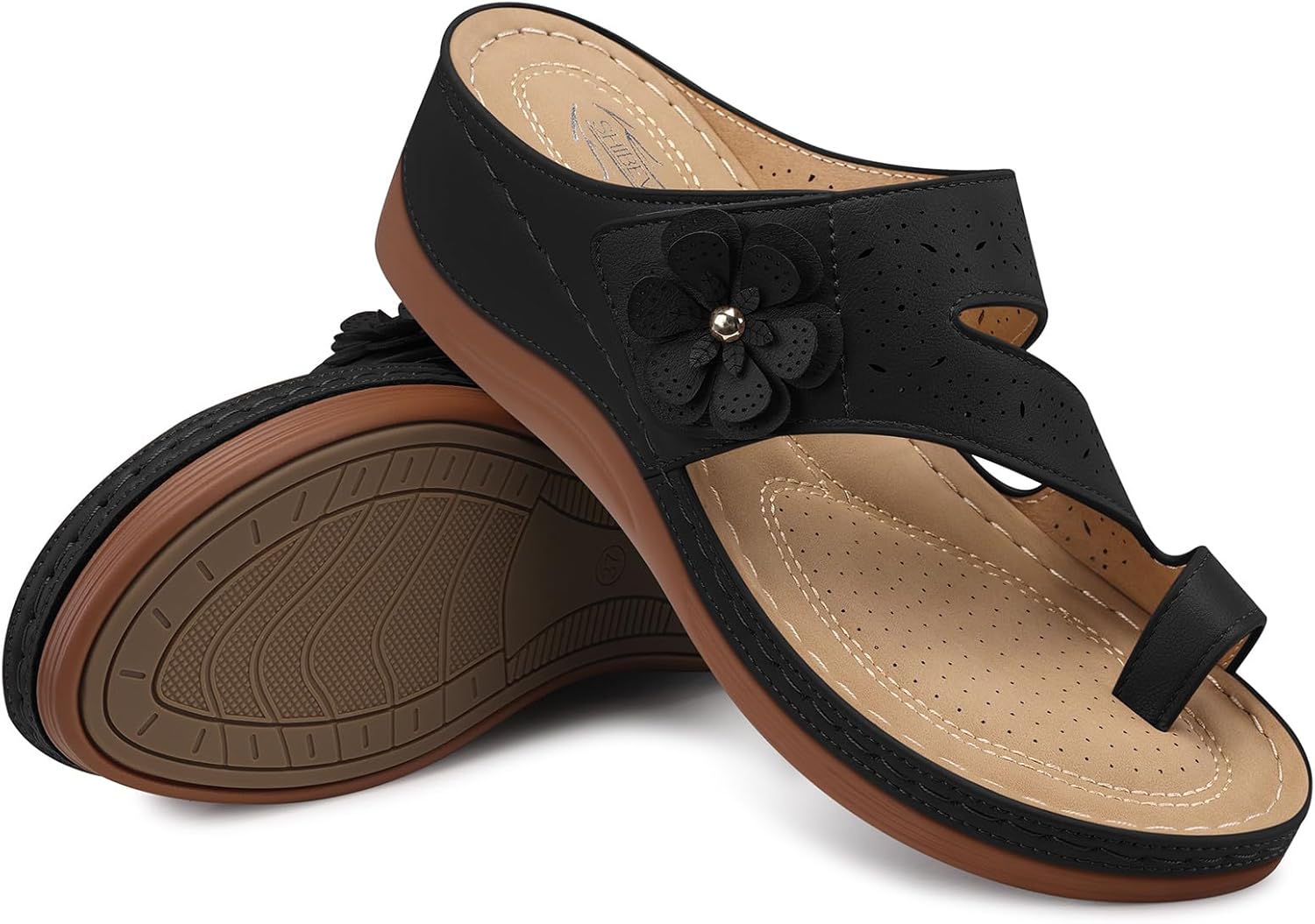 SHIBEVER Wedge Sandals for Women Dressy: Black Comfortable Sandals for Women - Summer Casual Walking Slip On Wedges Size 5