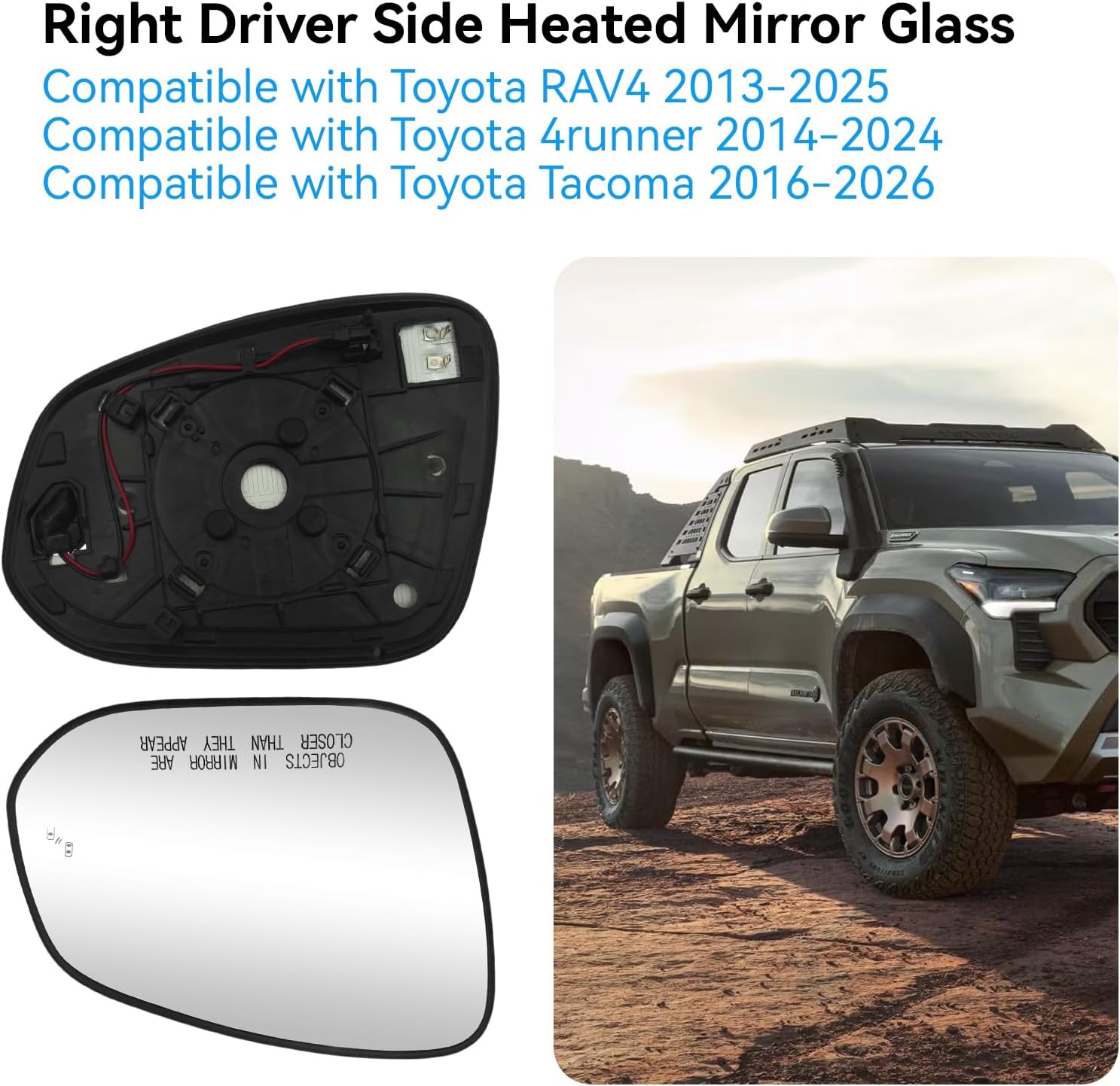 Right Passenger Side Heated Mirror Glass Compatible with Toyota RAV4 2013-2025, 4runner 2014-2024, Tacoma 2016-2025, Venza 2021-2025 with Blind Spot Detection 8793142E50