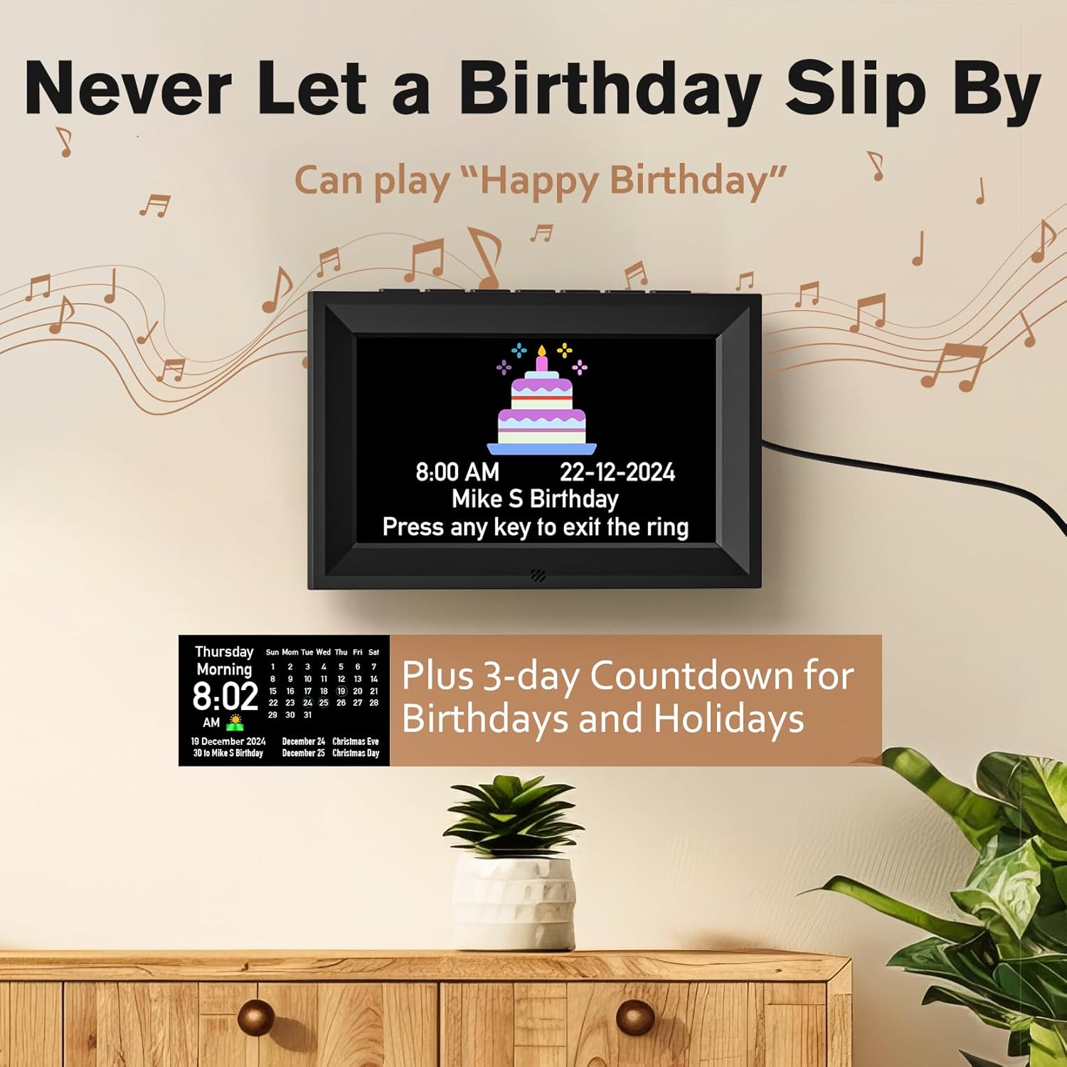 GOLOZA Digital Calendar Clock showing birthday and holiday reminders