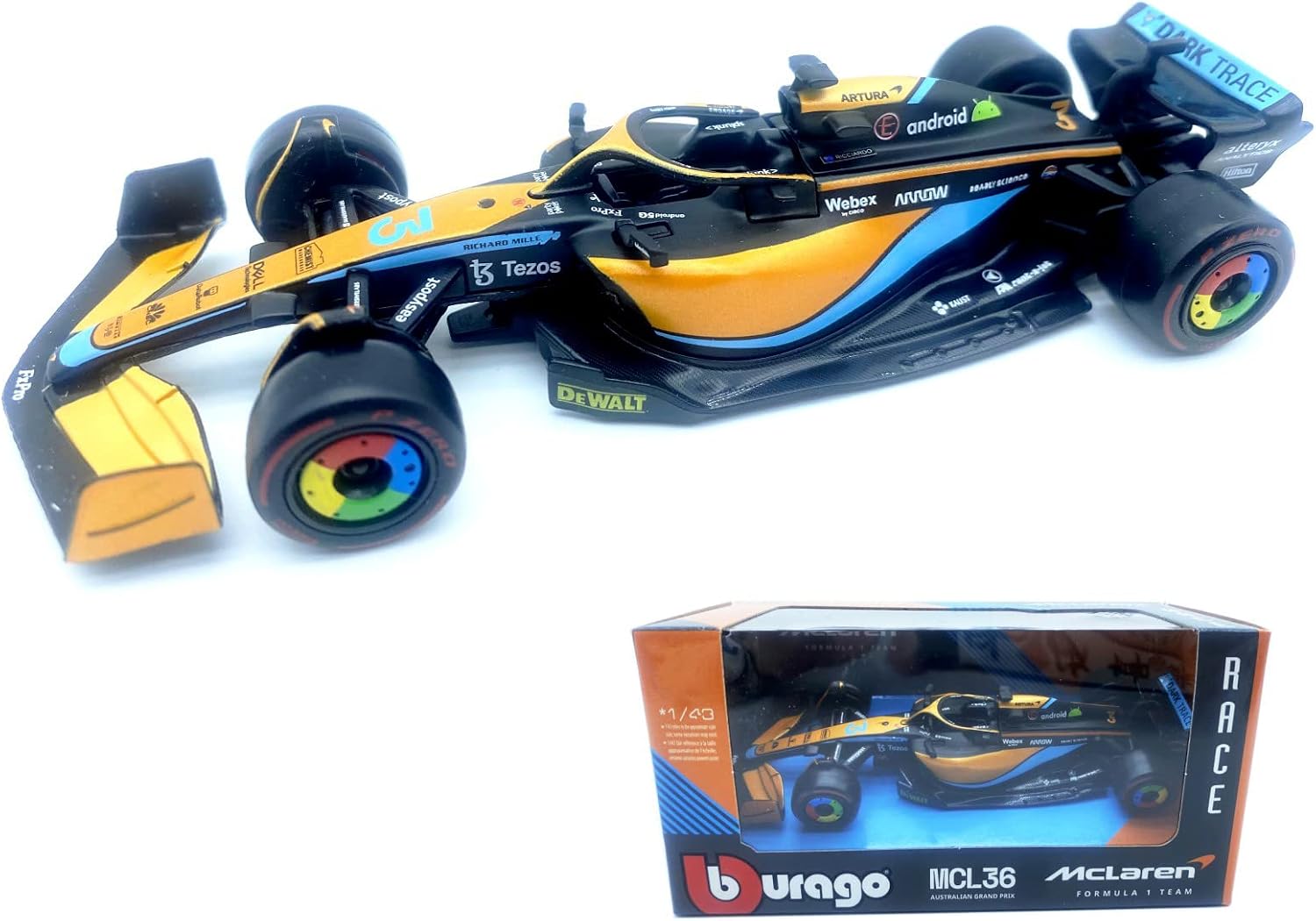 Bburago F1 McLaren MCL36 #3 Daniel Ricciardo – Modèle Réduit 1/43 En Alliage – Collection F1 2022 – Présentoir Acrylique
