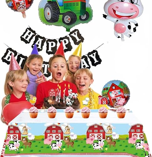 Miniatura 7 de Egami Mantel de fiesta de granja, 2 piezas, cubierta de mesa de granero, decoración de cumpleaños de animales de granja de 42 x 70 pulgadas para