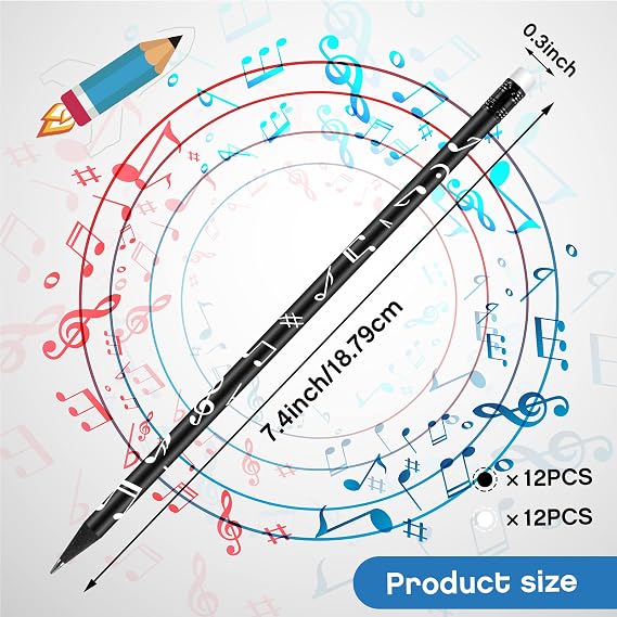 24 Pack Music Pencils for Kids Musical Pencils Round White Black Woodcase with Eraser for School Office Supplies Drawing Writing, 7 Inches