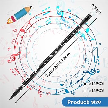 24 Pack Music Pencils for Kids Musical Pencils Round White Black Woodcase with Eraser for School Office Supplies Drawing Writing, 7 Inches