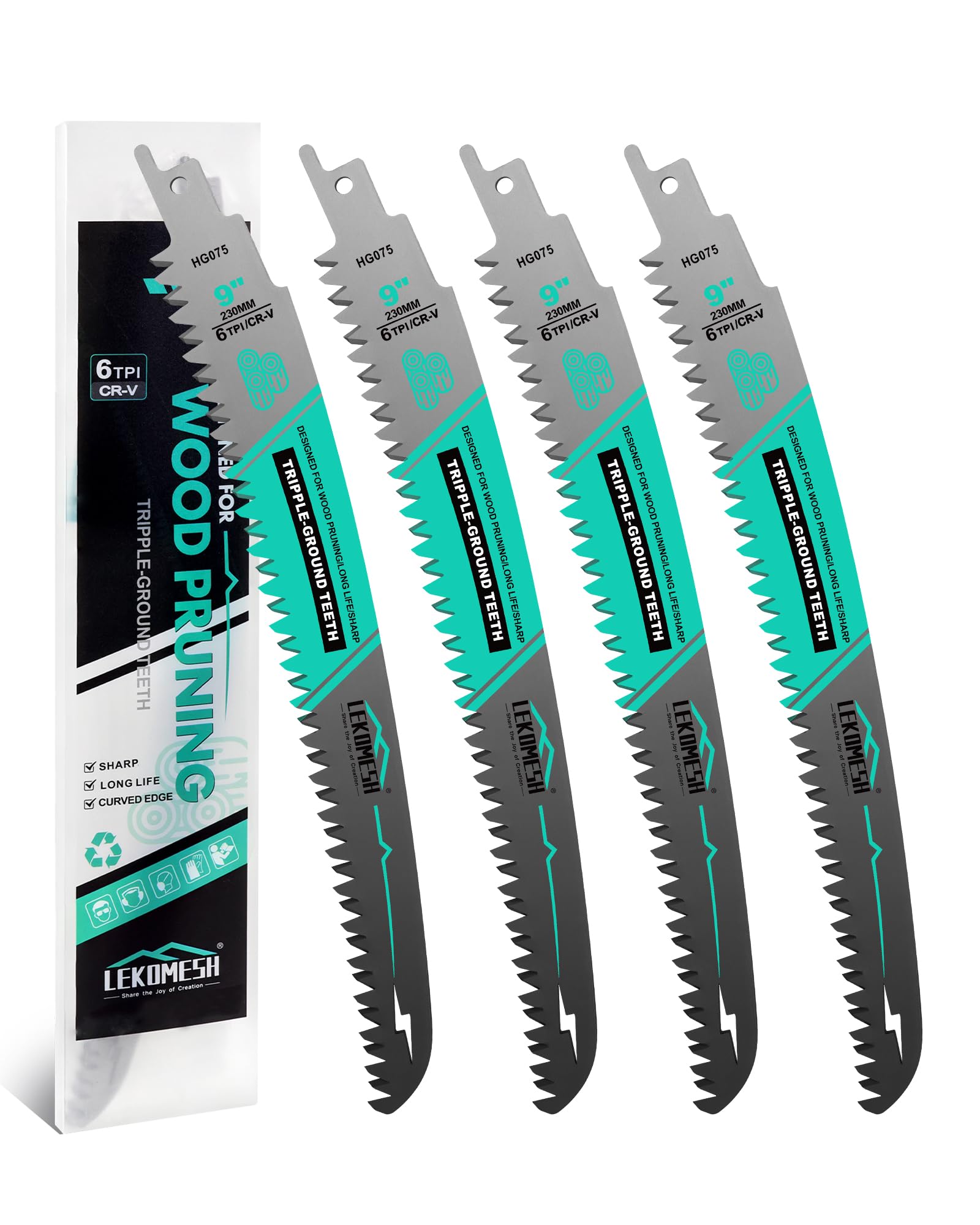 LEKOMESH 230MM Japanese Teeth Reciprocating Saw Blades Wood Pruning - 4pcs Curved Edge 6TPI for Tree Trimming, Wood/PVC Pipe Cutting, Cr-V Sabre Blades Better Wear Resistance