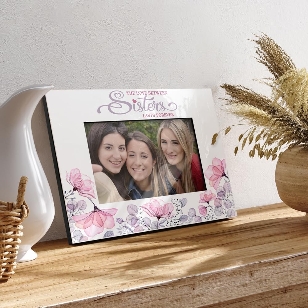 KATE POSH The Love Between Sisters is Forever Picture Frame, Best Sister Ever, Maid of Honor, Bridesmaid, Sister in Law, New Sister, Big Sister (5x7-Horizontal PURPLE)