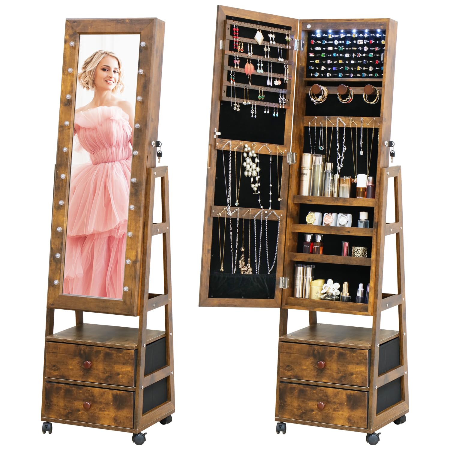 Organizer do szafki jubilerskiej, stojący z 20 diodami LED, zamykane lustro o pełnej długości, z półkami do przechowywania i 2 szufladami (rustykalny brąz) regulowany kąt nachylenia, prezent