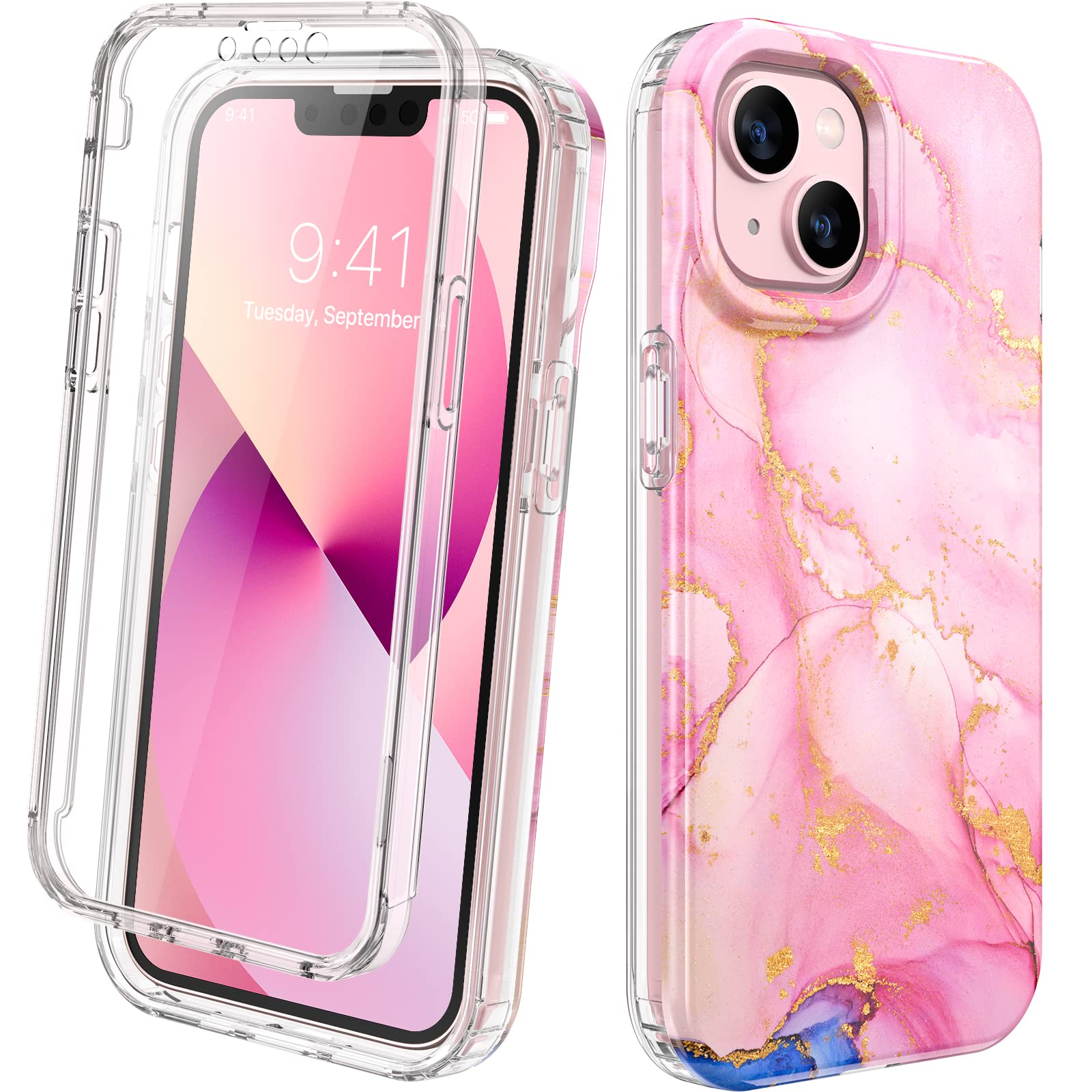 Diaclara Designed for iPhone 13 Case, Full Body Rugged Case with Built-in Touch Sensitive Anti-Scratch Screen Protector, Soft TPU Bumper Case for iPhone 13 6.1" (Gilt Pink)