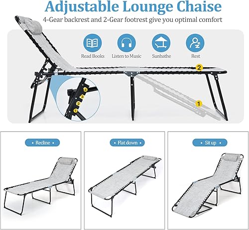 Miniatura 4 de GYMAX Silla de playa, tumbona portátil con respaldo ajustable de 4 niveles, reposapiés de 2 niveles y almohada extraíble, silla reclinable plegable
