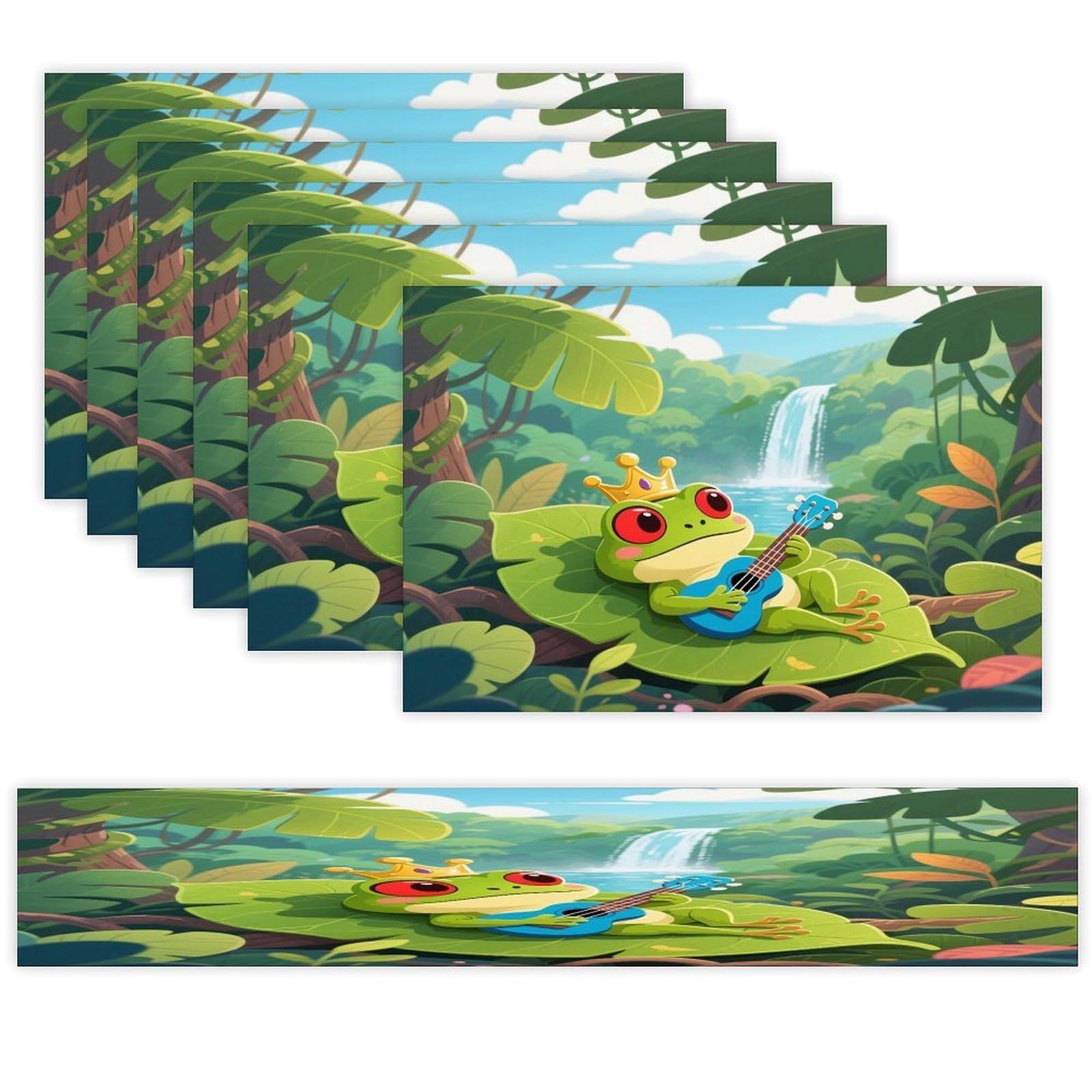 Cute Frog Table Runner and Placemats Set of 7 Linen Table Mat Non-Slip Place Mats Washable Placemat Heat Resistant Place Mat with Table Runner for Party Dining Decor