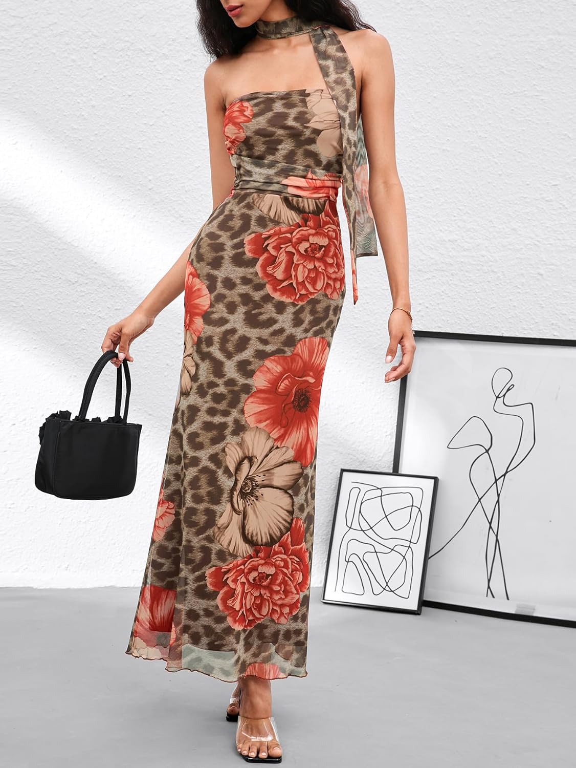 Milumia Women's Leopard Print Strapless Bodycon Maxi Dress Mesh Long Tube Top Dress - Image 3