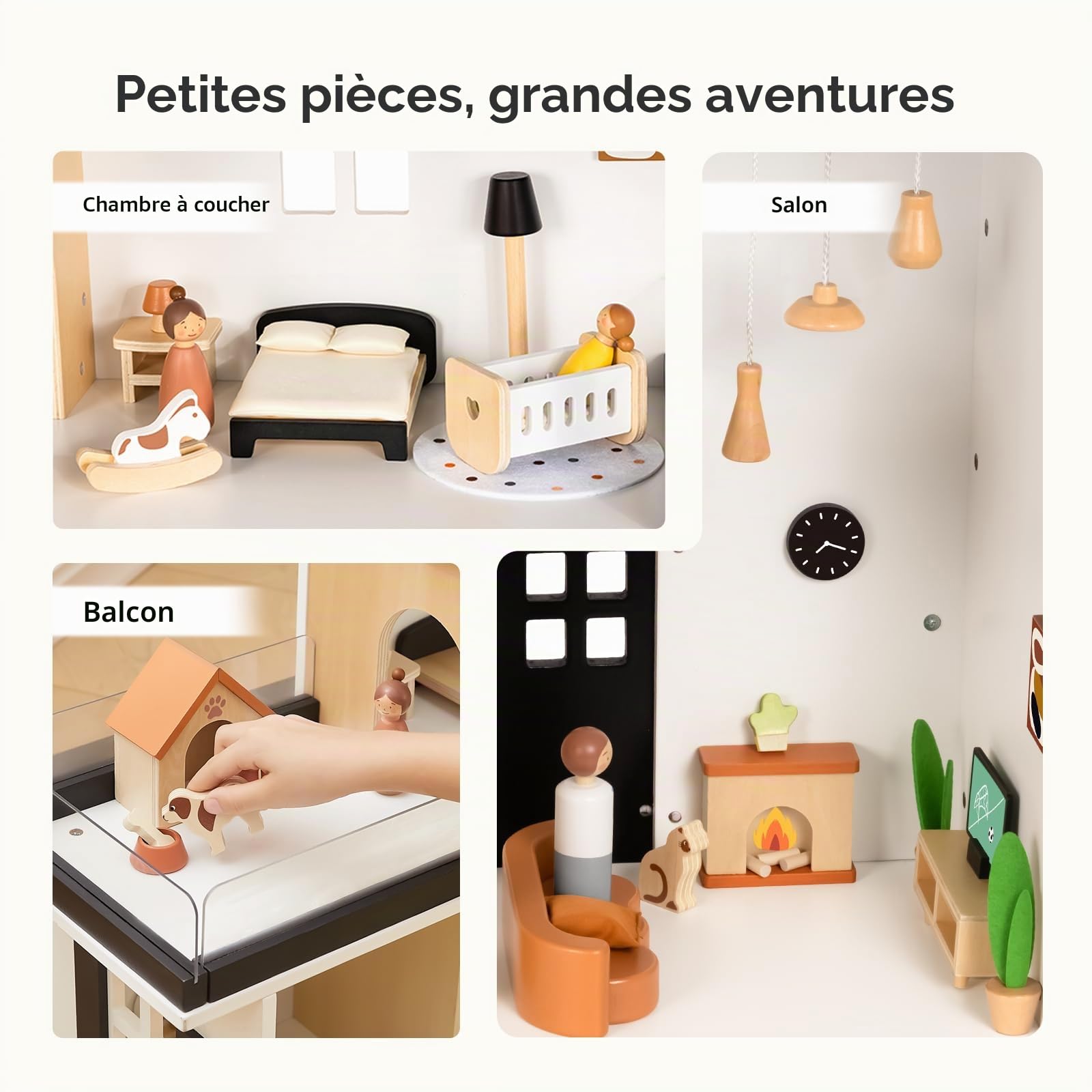 OOOK Maison de poupée en bois, Dollhouse avec 66 meubles et accessoires, Maison de poupée à partir de 3 ans pour filles et garçons, jouets cadeaux pour enfants incluant poupées et ensembles d'animaux
