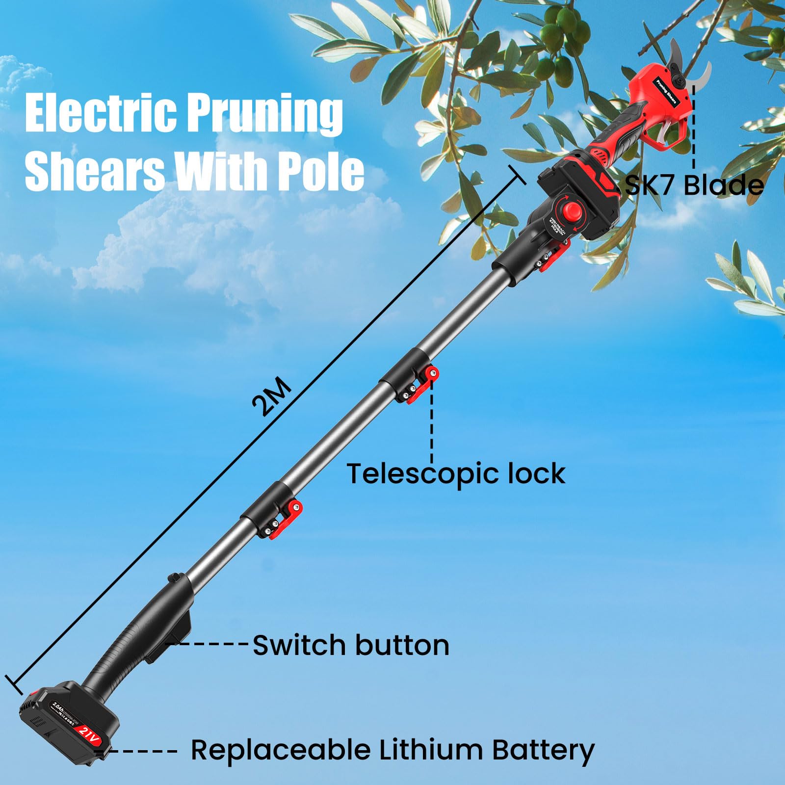 Elektrische Gartenschere 40 mm, mit Verlängerungsstange 2 m(6.56ft), Scharfe SK7-Klinge, Akku Astschere, 2X 2Ah Akku, 21V Astschere