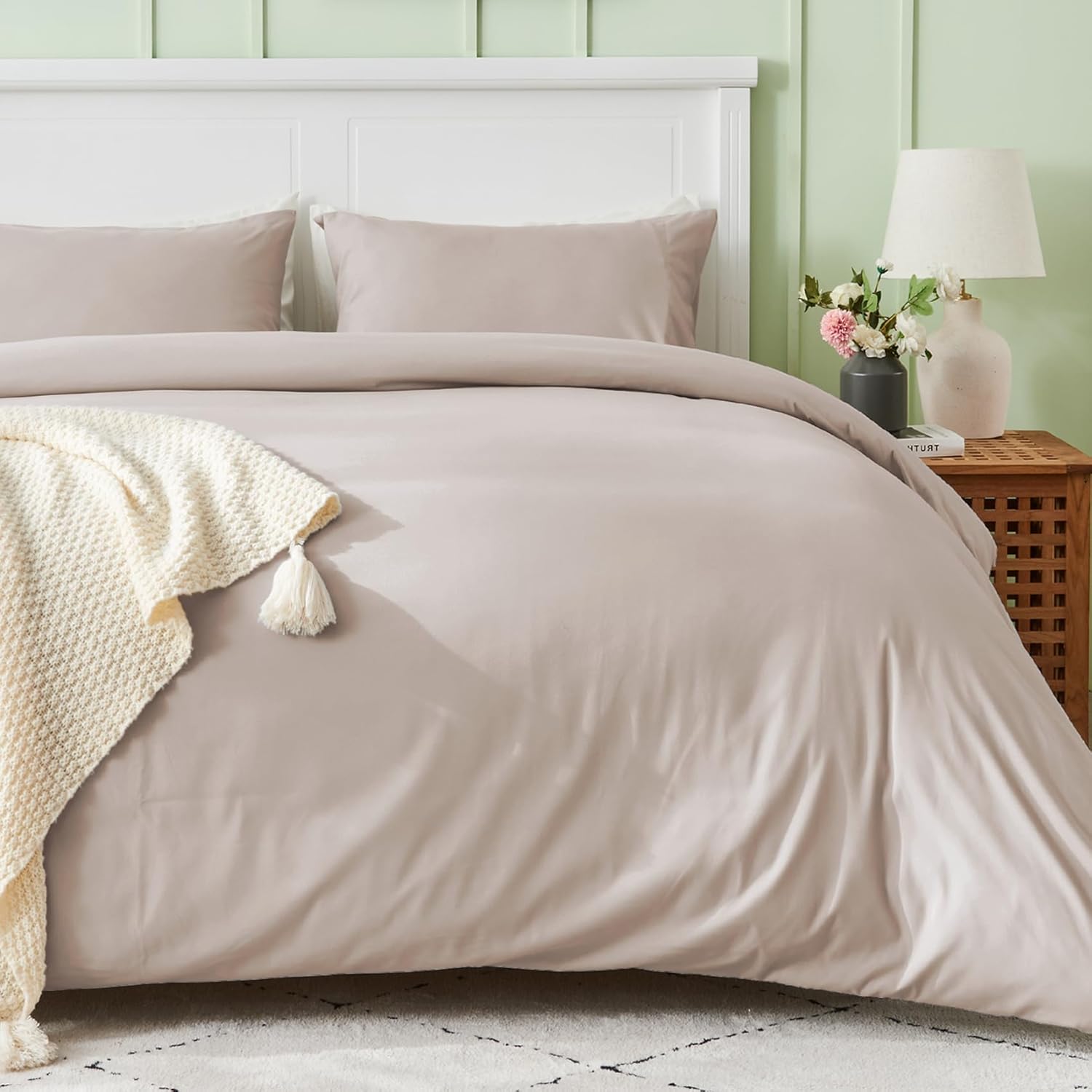 SASTTIE Duvet Cover Queen, Beige Light Grey Queen Size Duvet Cover Set