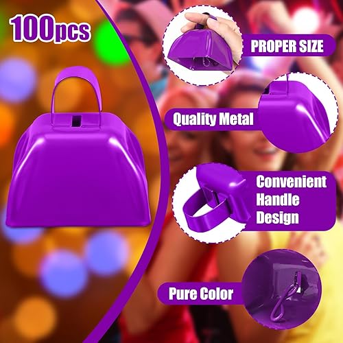 Miniatura 9 de Boao 100 cencerros de metal con asa para eventos deportivos, campanas de vaca pequeñas, campanas ruidosas, campanas de llamada para bodas, juegos de