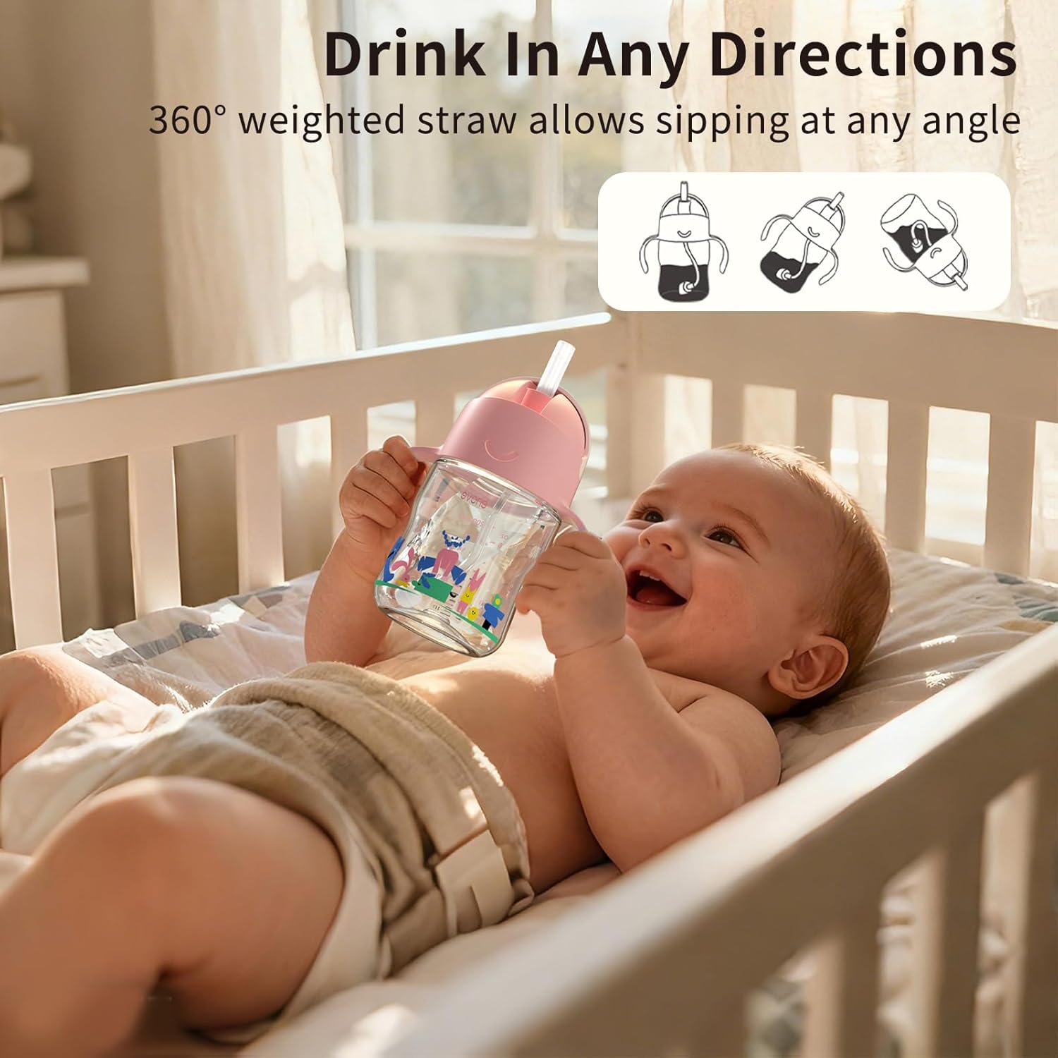 Evorie Tritan Weighted Straw Sippy Cup with Handles for Baby and Toddlers, Spill Proof Baby Water Bottle with Straw for 6 Months and up, 7 Oz, Infant Training Water Bottle (Pink Fairy Tale) - Image 3