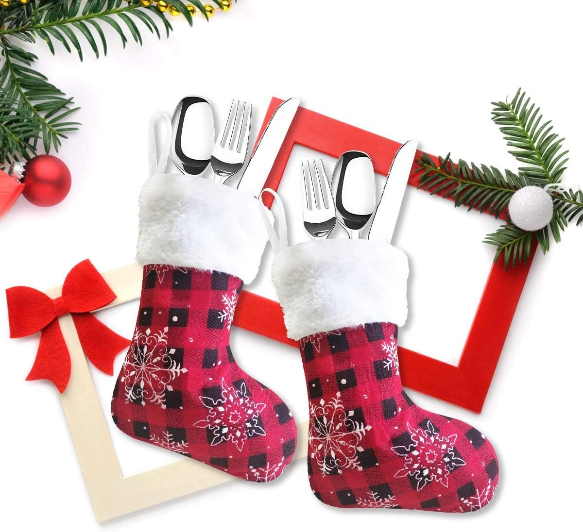 Vanteriam 7 inch Mini Christmas Stockings 12 Pack, Small Rustic Red & Black Plaid with Snowflake and Faux Fur Cuff Xmas Stockings Bulk, Gift Card Holders Cash Bags Holiday Treats for Family and Friend