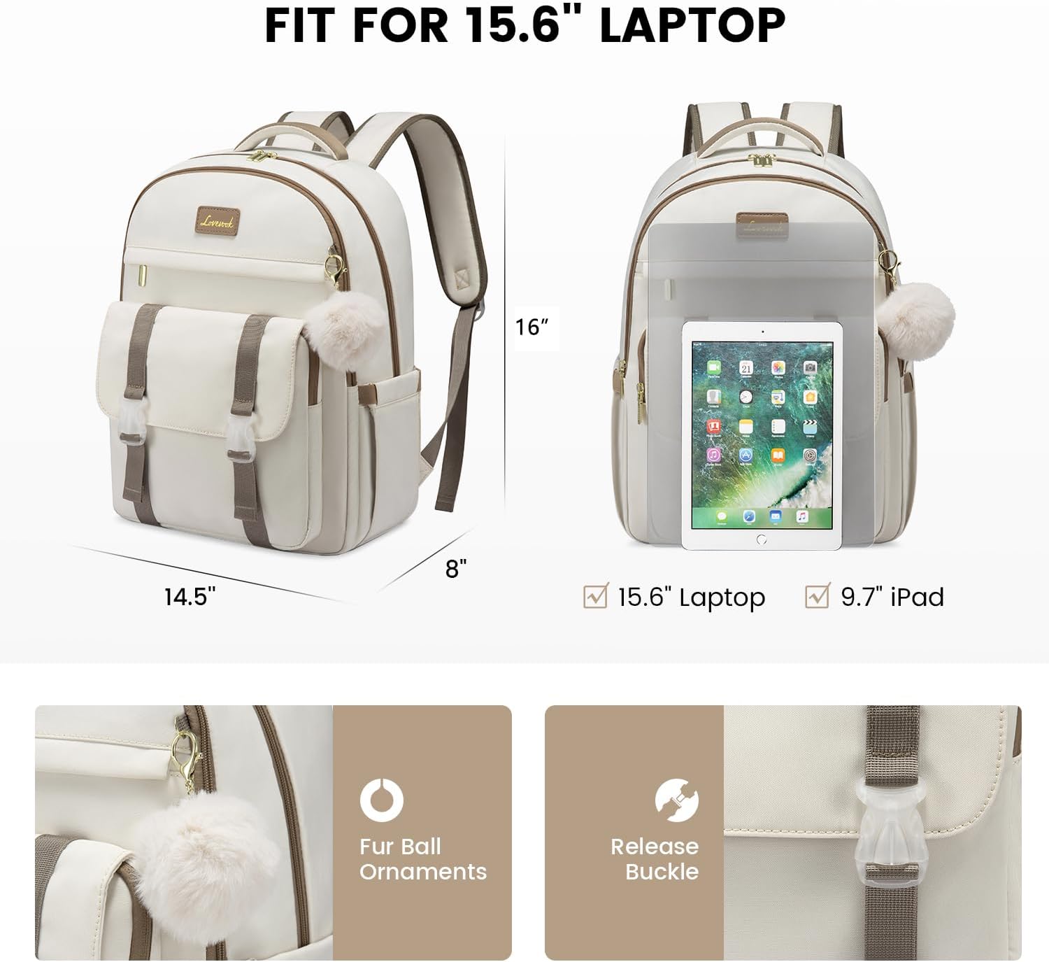 LOVEVOOK School Backpack for Teen Girls, Student Backpack Purse for 14-16 Teenage, Cute Kid Bookbag, Back to School Backpacks Fit 15.6 Inch Laptop, Large College Travel Bag, Beige-khaki - Image 4