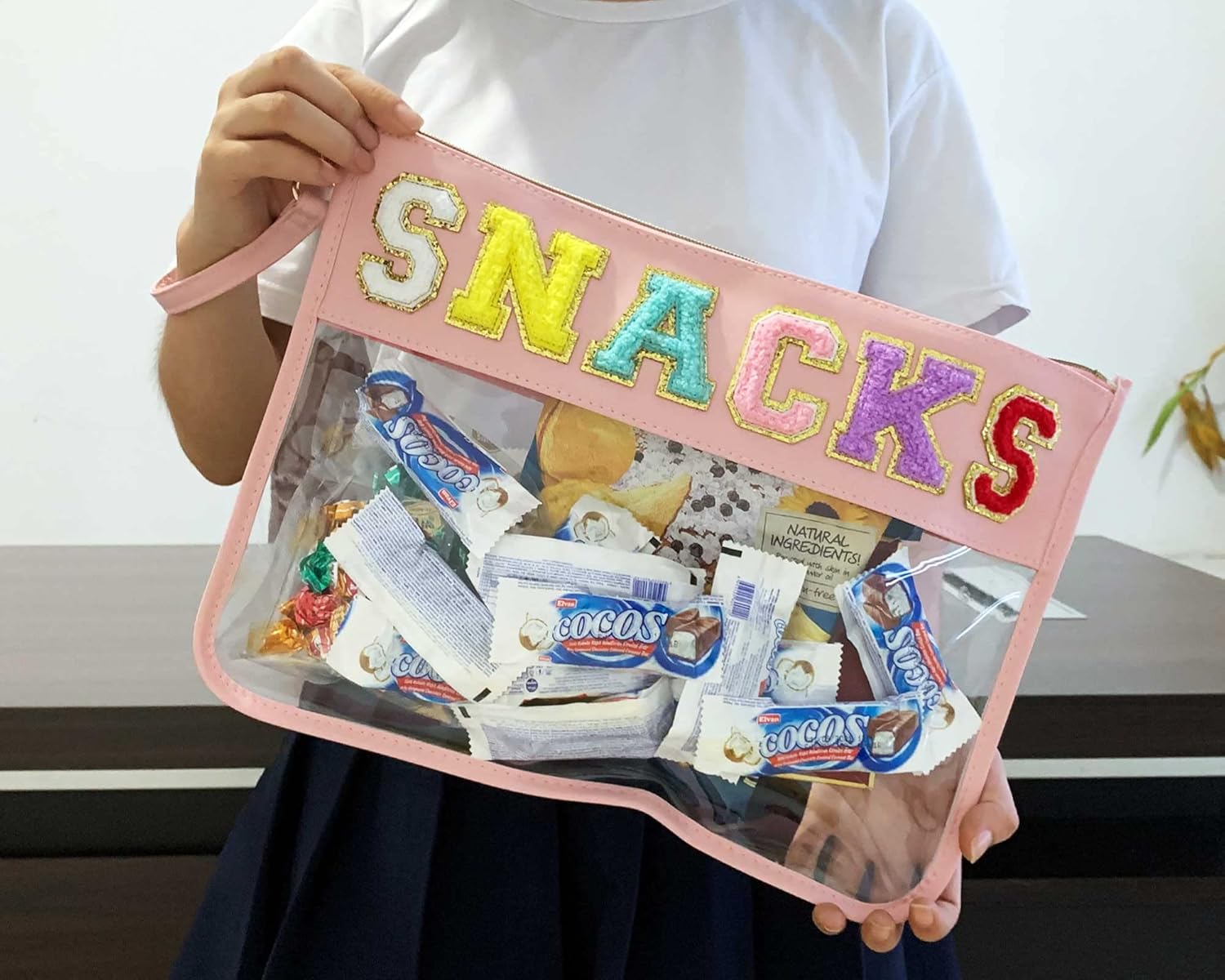 TopTTanBo Chenille Letter Clear Bag Purse Multi-purpose Transparent Waterproof Snacks Makeup Tote Bag with Wrist Strap