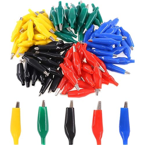 Glarks 100Pcs 1.8''/45mm Silver Tone Alligator Clips Crocodile Electrical Test Clamps with Black/Red/Yellow/Blue/Green Protective Insulation Cover for Laboratory Testing