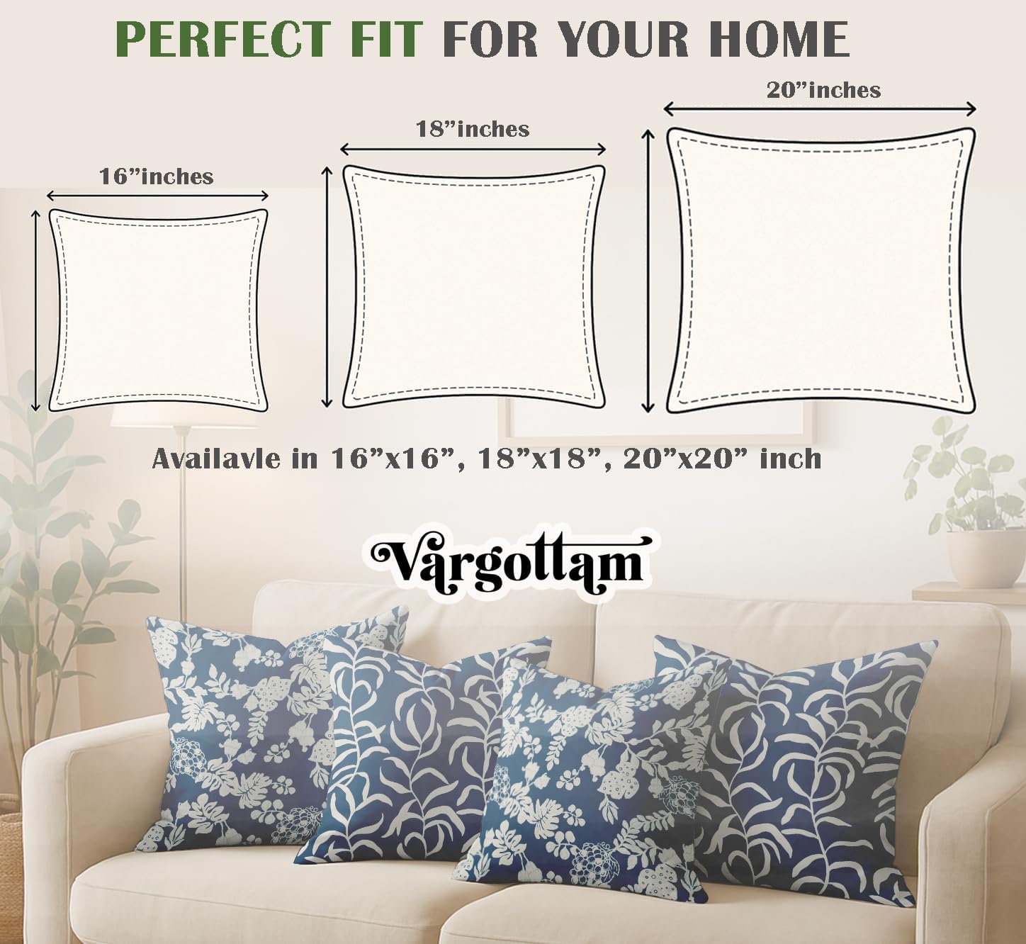 Set of 4 16x16 Cotton Cushion Covers - Decorative Reversible Pillow Covers with Concealed Zipper - Filler Not Included - Leaves Print, Blue