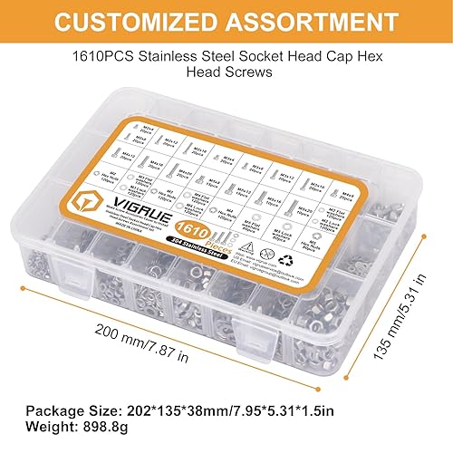Miniatura 7 de VIGRUE Juego de 1610 tornillos surtidos M2 M3 M4 M5 Tornillos de cabeza hexagonal métrica 304 Tornillos de máquina de acero inoxidable Tornillos de