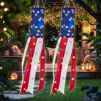 2pcs 40" American Flag windsock ,4th of July Wind Sock with LED Lights,Hanging Decor for Independence Day, Memorial Day, Yard, Garden, Party