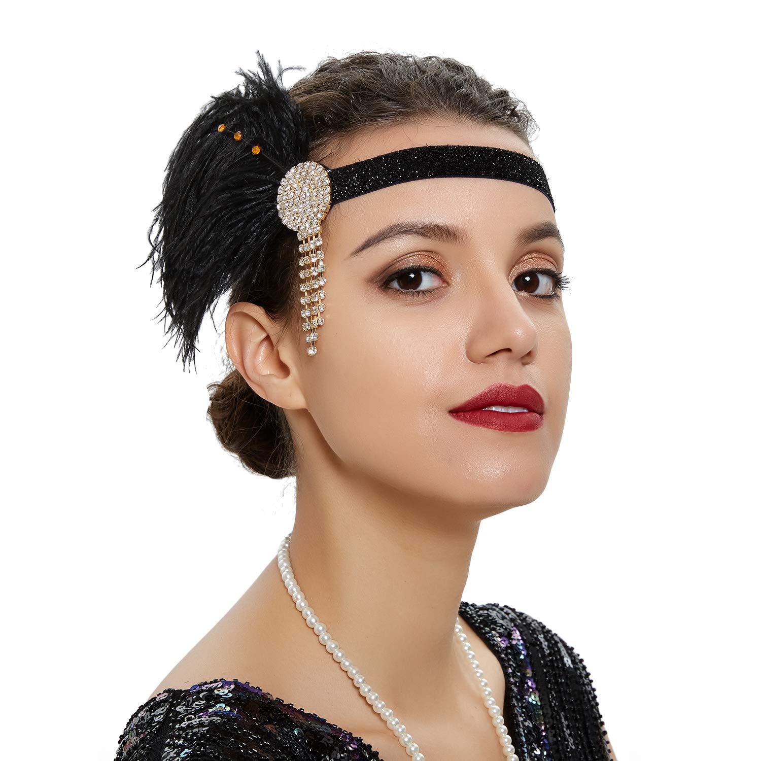 Vintage 1920s Flapper Girl Headband Gatsby BridalWedding Headpiece for Women Showgirl Costume Theme Cocktail Party, WHITE&BLACK, M