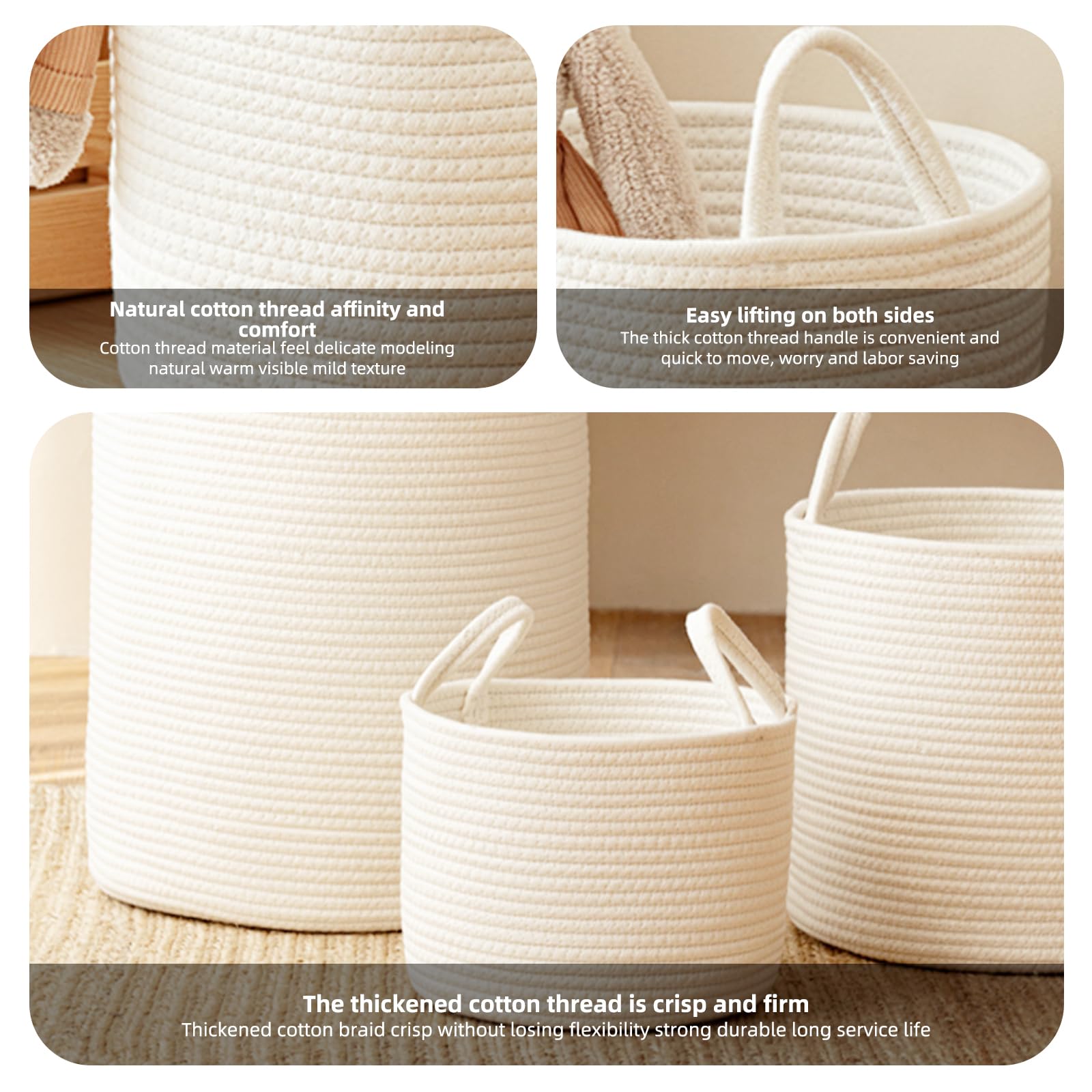 Panier de rangement beige, panier rond en corde de coton, panier pour linge sale, boîte de rangement, convient pour les jouets, couvertures, linge sale, petites choses, collations (Beige, M)