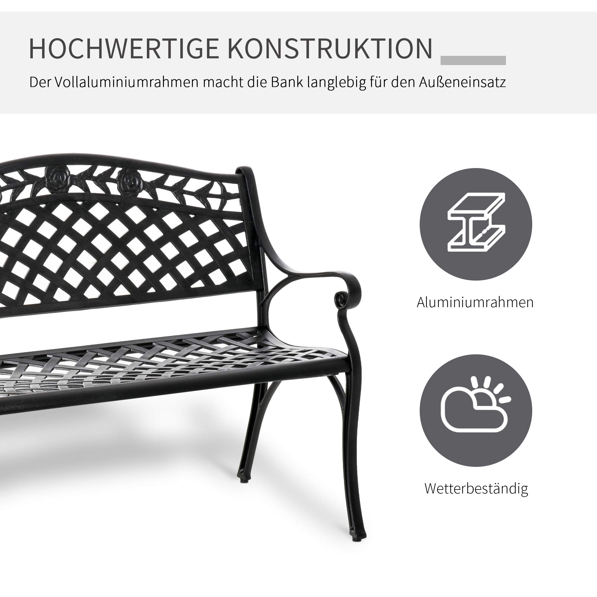 Outsunny 2-Sitzer Sitzbank Wetterfest Gartenbank Schwarz 102,5x61x84 cm | Alu, Mit Armlehnen, Landhausstil, Metallbank, Bank