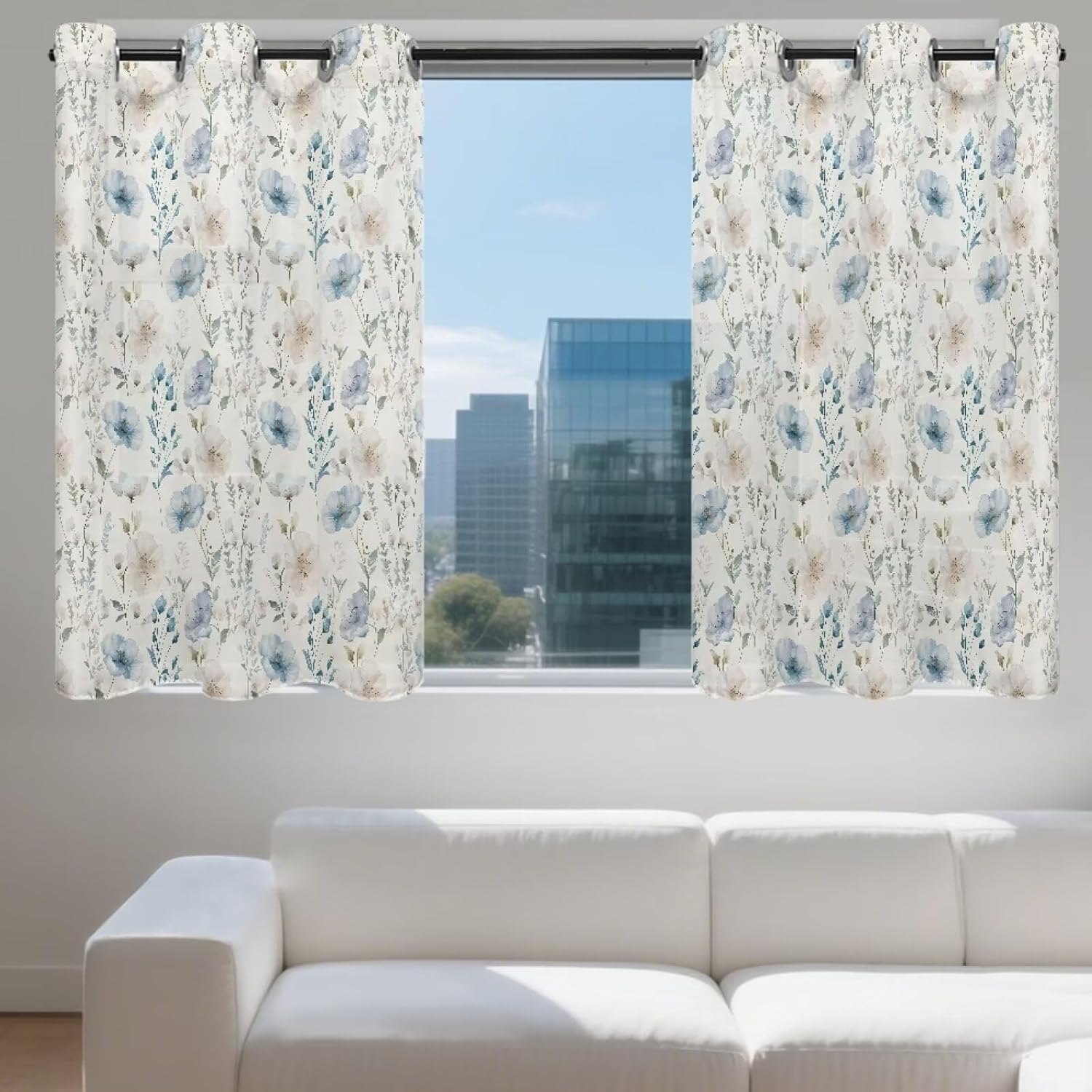 Floral Pattern Window Curtains 2 Panels Waterproof Window Privacy Curtain Semi-Sheer Drapes for Bedroom, Home Decoration for Kitchen Bathroom Living Room