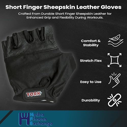 Vista 6 de York Barbell - Guantes de levantamiento de pesas, piel de cabra, agarre antideslizante, palma acolchada, correa de soporte para la muñeca, espalda