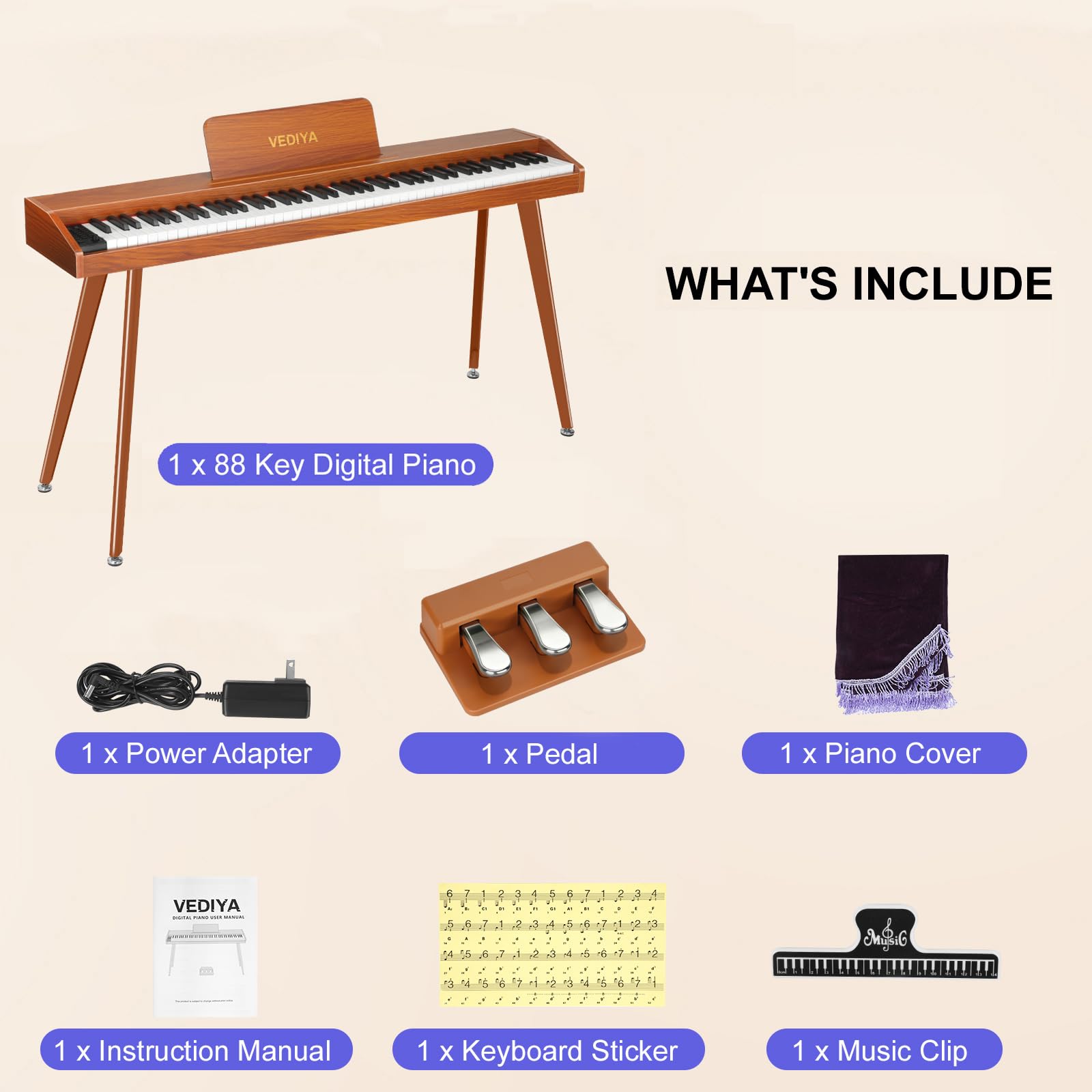 88 Tasten Digital Piano Keyboard, Semi-Weighted Electric Piano, Full Size Piano Keyboard for Beginners with Triple Pedal, Sheet Music Stand, USB-MIDI Compatibility (Classic Brown)