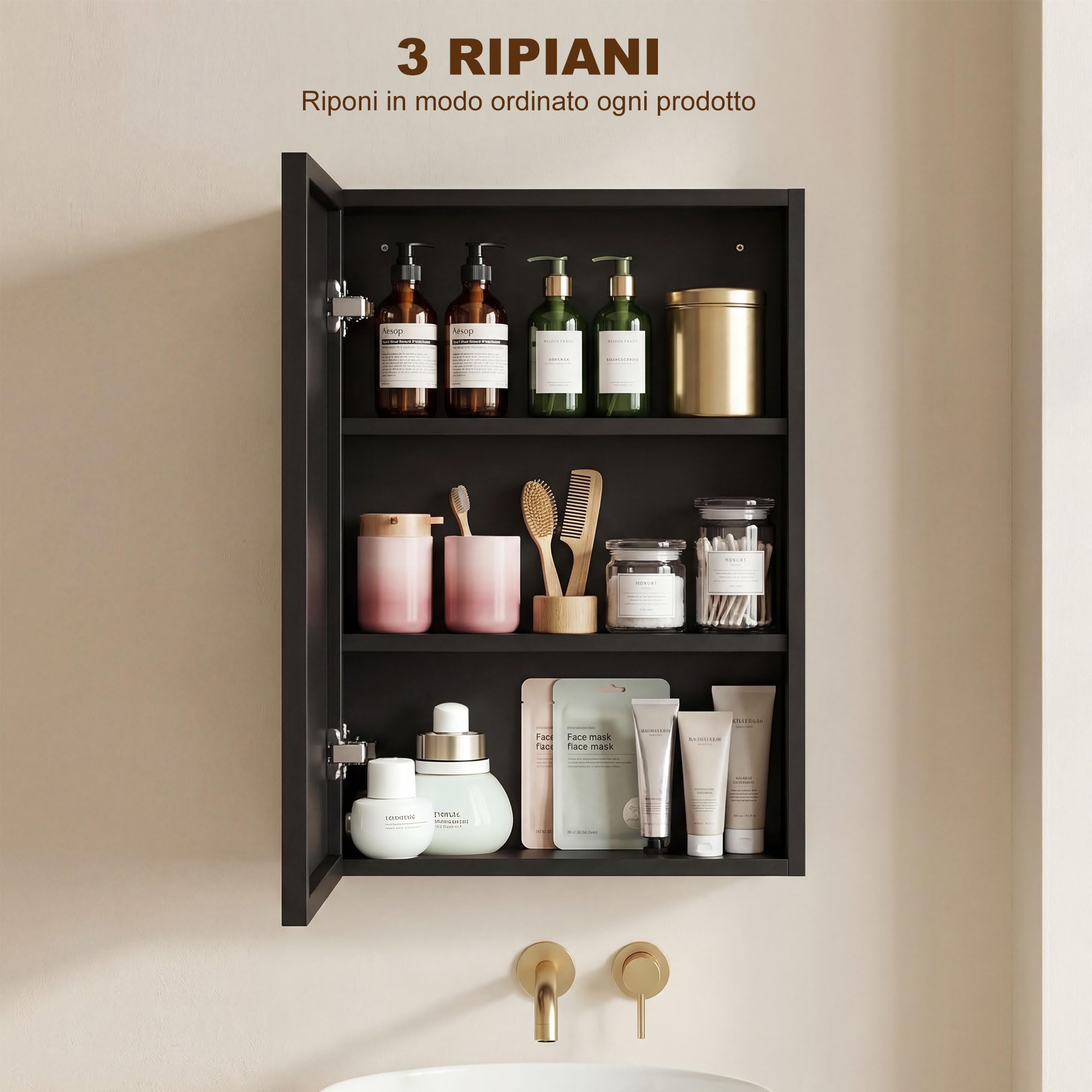 kleankin Specchiera Bagno in Acciaio con Armadietto a 3 Ripiani, Pensile Bagno con Chiusura Ammortizzata, 40x12x60cm, Nero