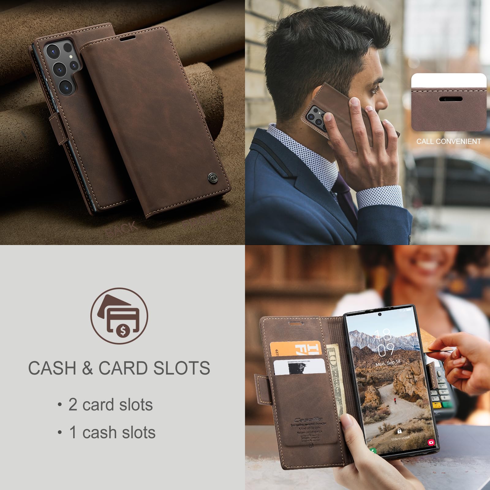 Azororo Cover per Samsung Galaxy S24 Ultra 5G, Premium PU Pelle Custodia, Magnetica Carta Fessura Portafoglio Case, Flip Cavalletto Custodia per Samsung Galaxy S24 Ultra- Caffè