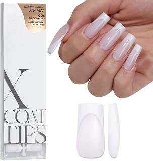 BTArtboxnails French Tip Press on Nails - 150pcs XCOATTIPS Long Square Modern French Tip Nails, White on White Soft Gel Nail Tips Pre-applied Tip Primer & Base Coat, No Need File False Nails