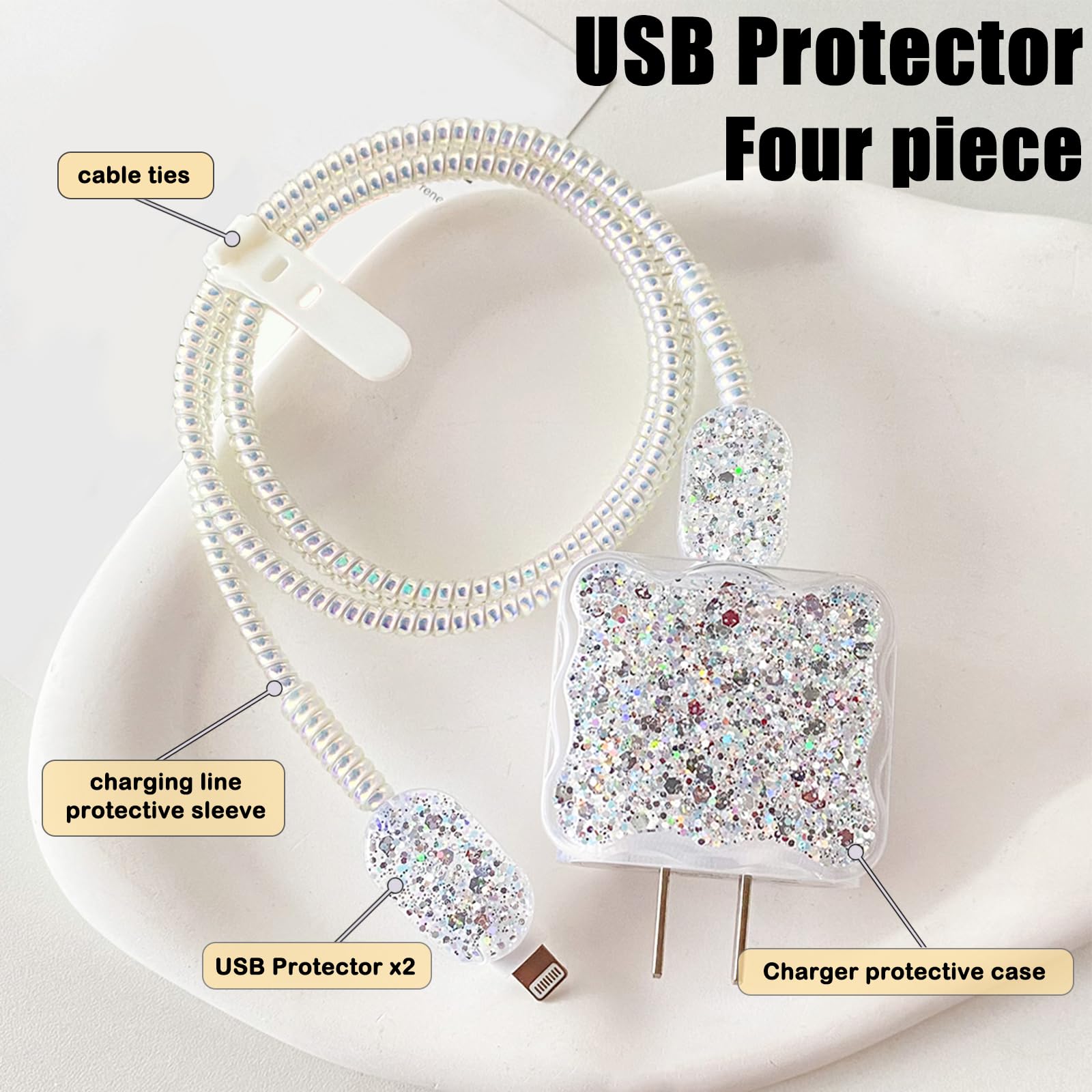 DiyGody Scintillanti Kits di Cavi Protezioni Compatibile con iPhone, Protettivi per Caricabatterie USB Tipo-C con Modello di Cuore Argenteo 3D per Donne, Anti-Rottura da Cane Gatto Accessori per Cavo