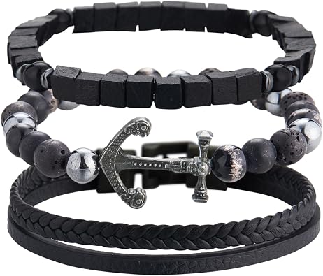 3pc Mens Beaded Bracelets Silver Stainless Steel Chain Bracelet for Men Handmade Braided Bracelet Sets Jewelry Gifts for Men