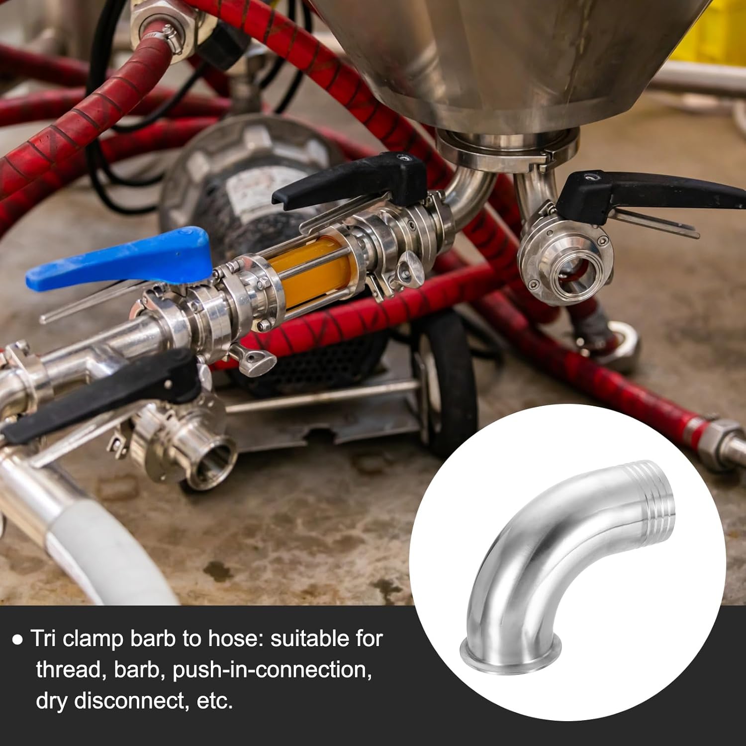 PATIKIL 90 Degree Elbow Tri Sanitary Clamps Hose Barb, 1 Pcs Sanitary Hose Barb Pipe Fitting 3" Tube 90.6mm Ferrule Tri Sanitary Clamps 304 Stainless Steel for Brewery Winery Food
